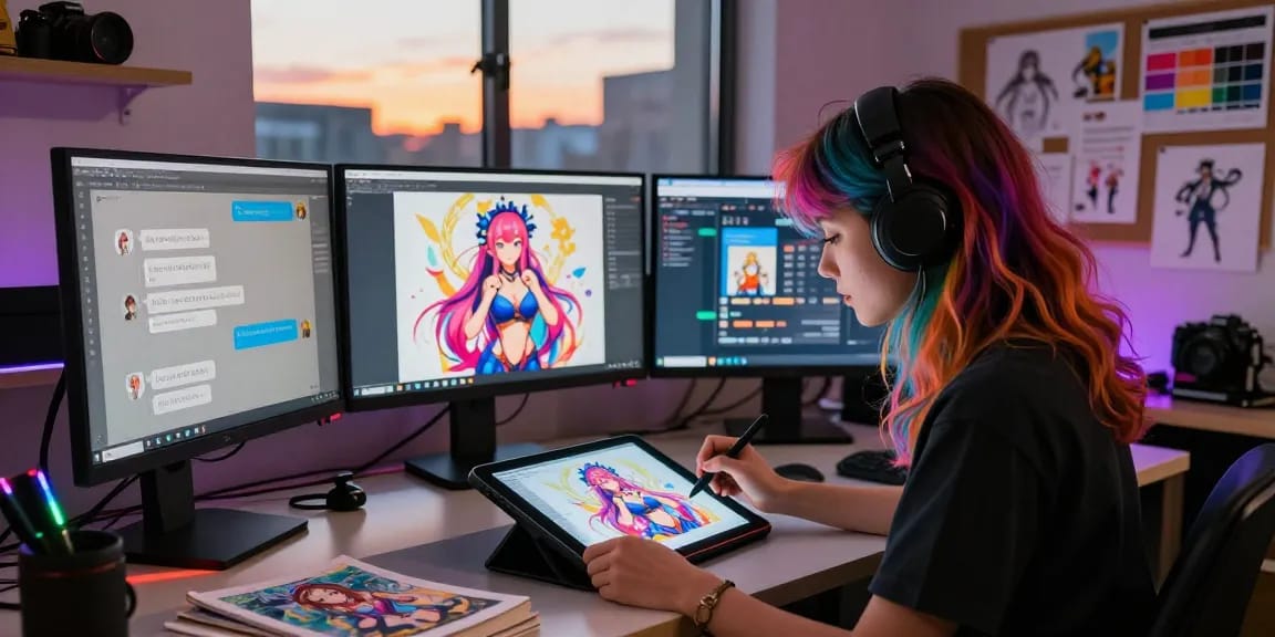 Young artist creating AI-generated hentai artwork in dynamic digital studio.
