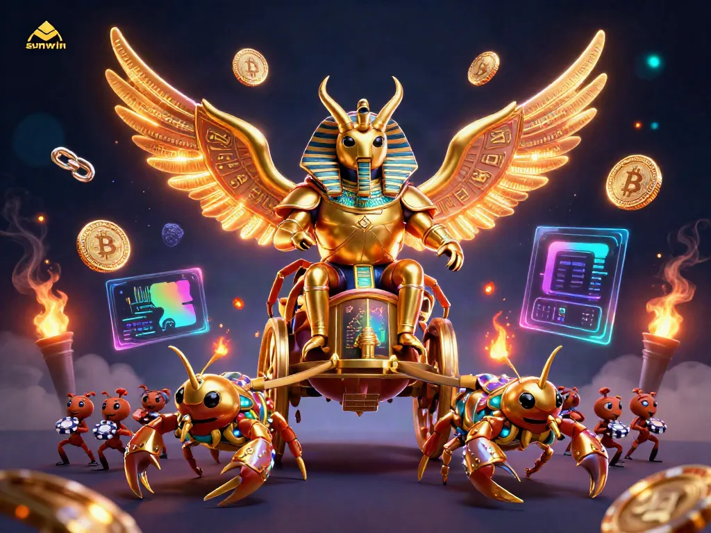 Engaging sunwin gaming scene with a golden scarab and scorpions surrounded by cryptocurrency elements.