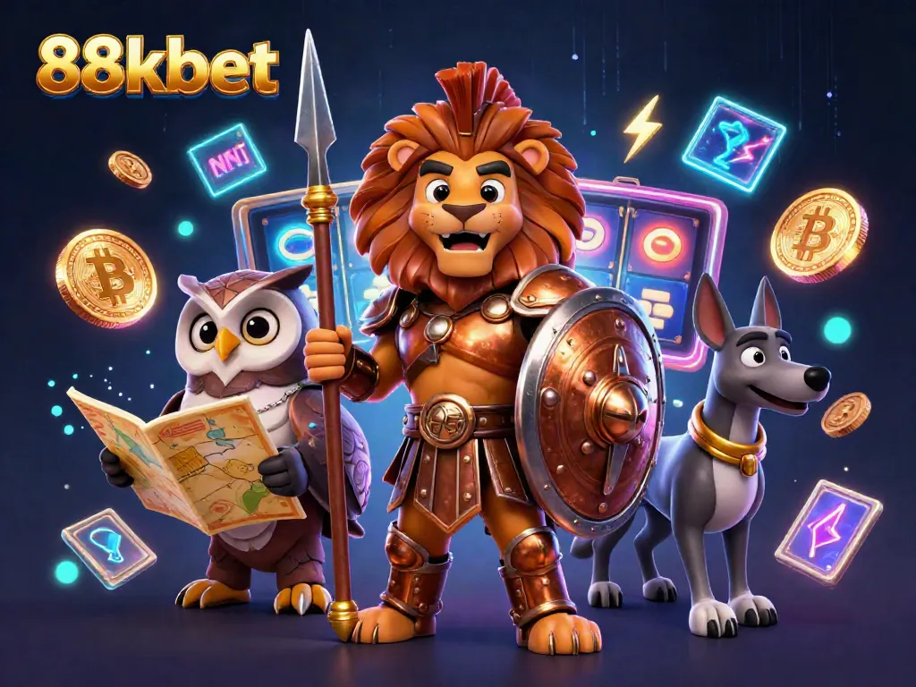 Experience thrilling gaming with 88kbet's vibrant 3D illustration showcasing a Spartan lion, owl, and greyhound amidst exciting casino elements.