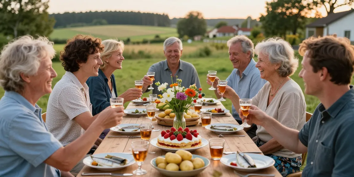 Recept för midsommarlunch med traditionell mat och glädjefyllda gäster i sommarens solsken.