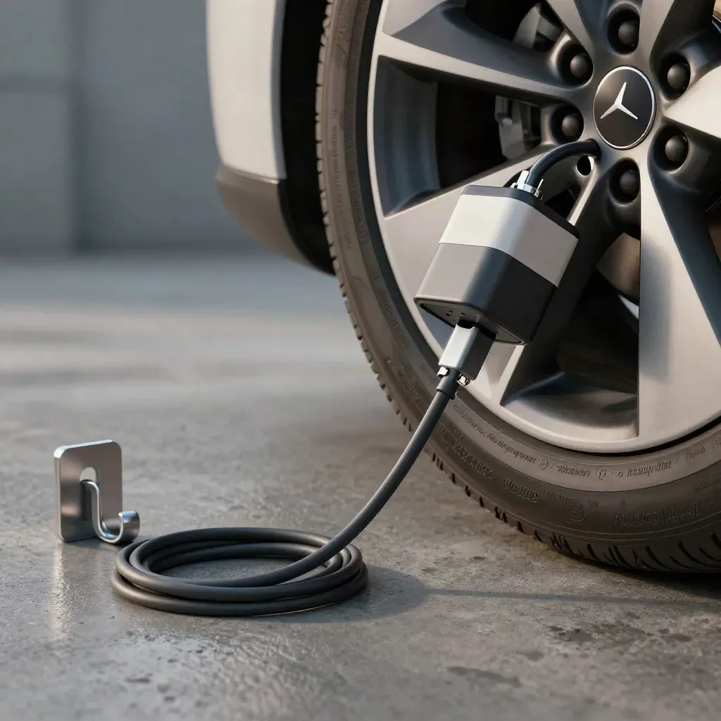Hemmaladdningskit med laddare, kabel och väggfäste bredvid ett EV-hjul i garage