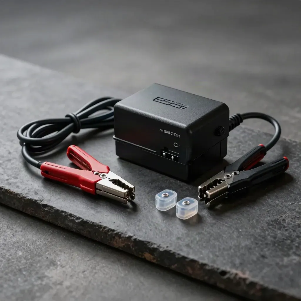 Bosch C7 batteriladdare med kablar och batteriklämmor på mörk studioyta
