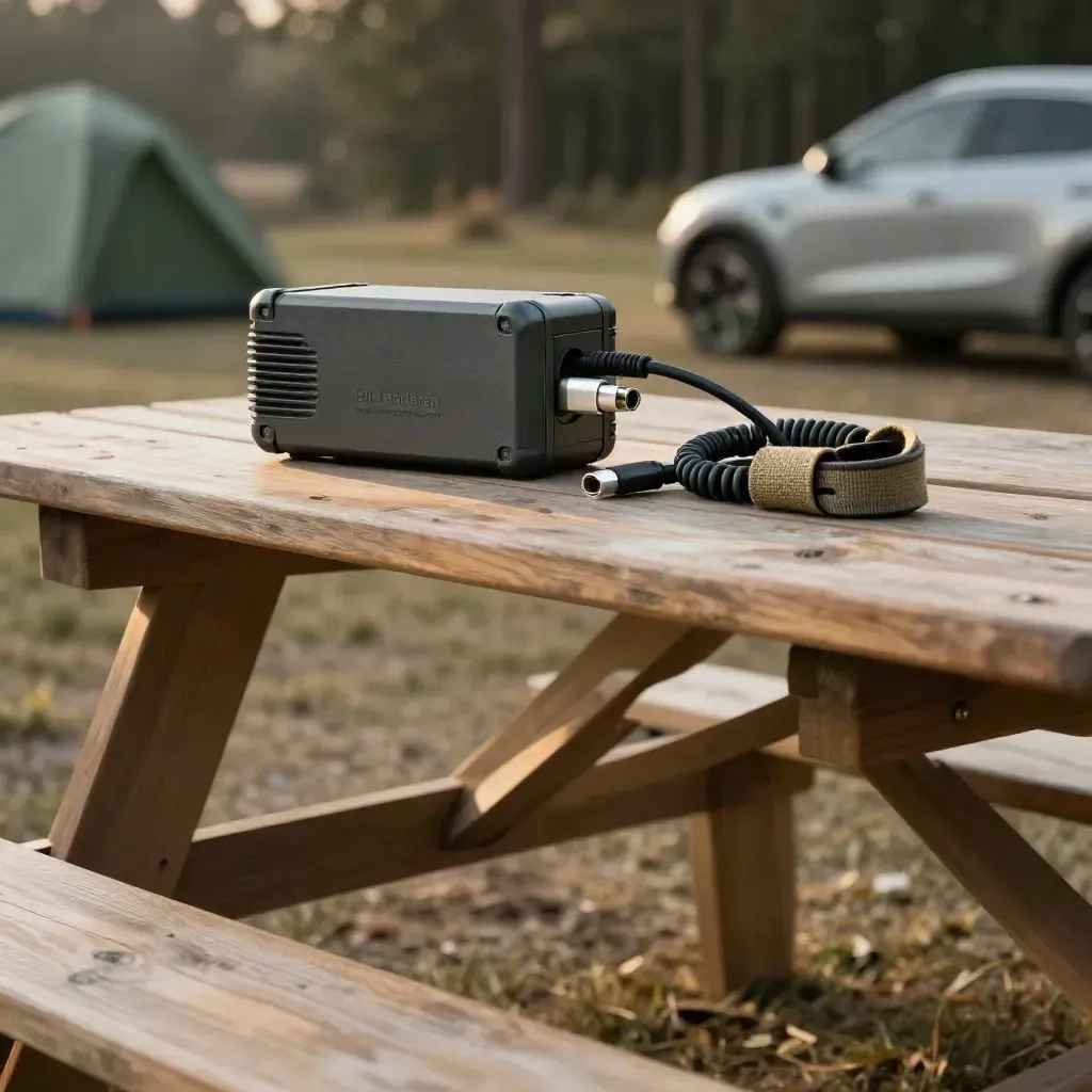 Portabel EV-laddare på träbord vid camping, med suddig bil och tallar i kvällsljus.