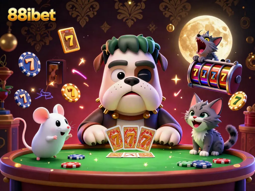 Engage in thrilling gambling at 88ibet with a vibrant 3D cartoon scene featuring a gambling bulldog and ghost mouse.