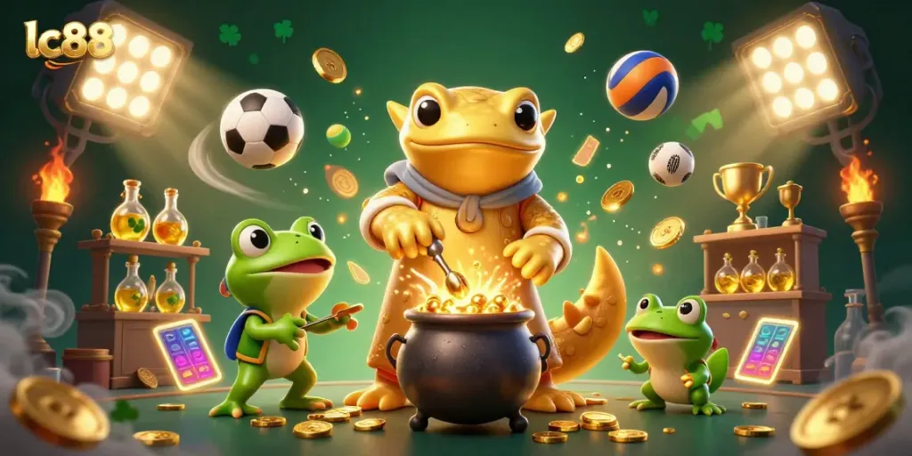 Experience gaming excitement with lc88 as golden coins and sports elements blend in this vibrant illustration.