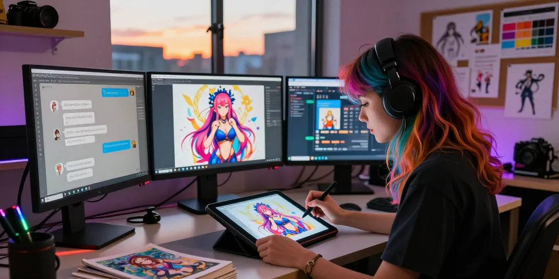 Young artist creating AI-generated hentai artwork in dynamic digital studio.