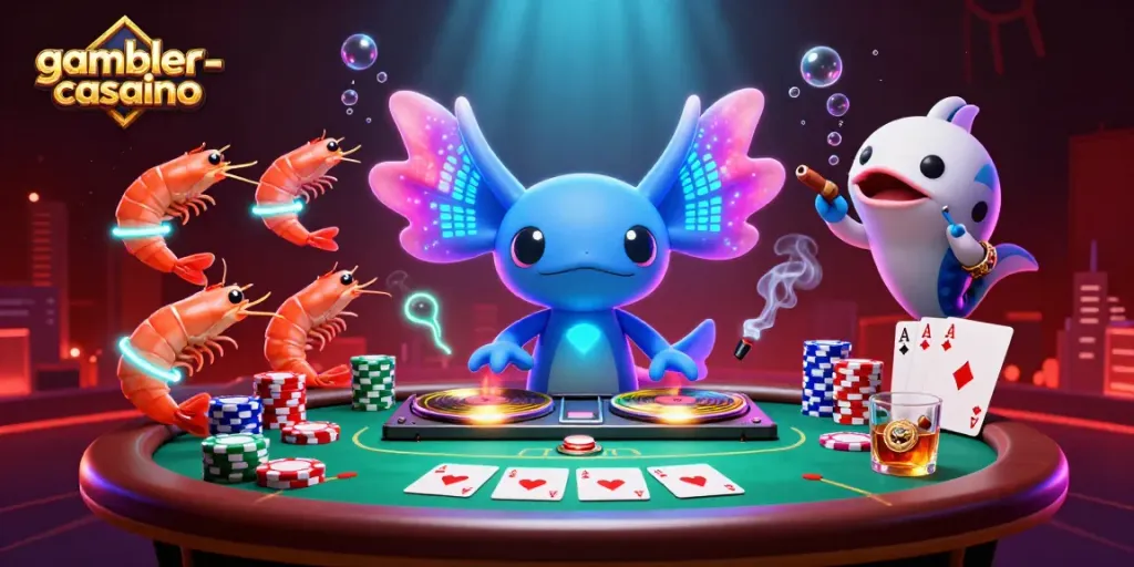Spela ansvarsfullt på gambler-casino med färgglada karaktärer och pokerbord i en 3D-värld.