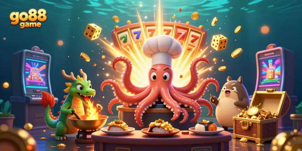 Experience the excitement of go88 game with a dynamic 3D casino illustration showcasing unique characters and vibrant game elements.