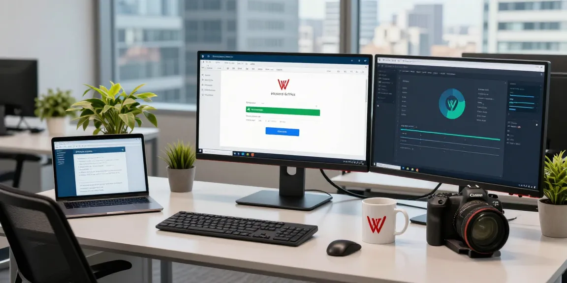 WPS Download in a modern workspace with multiple monitors showcasing installation and productivity tools.