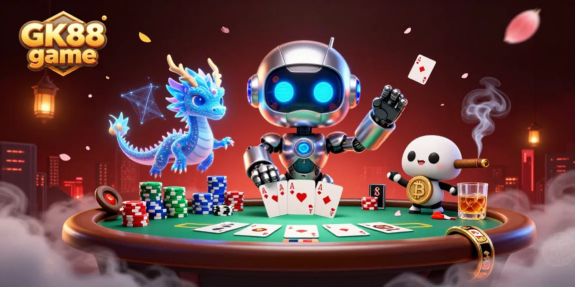 Engage in exciting GK88 game action with 3D characters around poker games and vibrant casino elements.