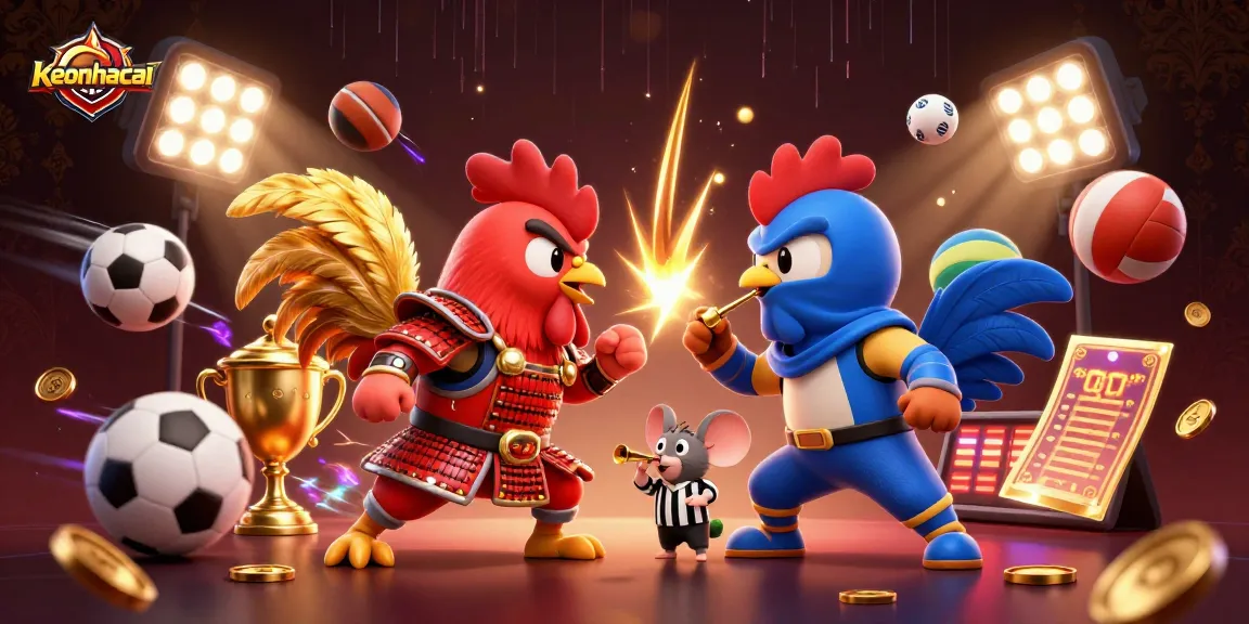 Engage with keonhacai through dynamic betting action showcasing fighting roosters and sports elements.