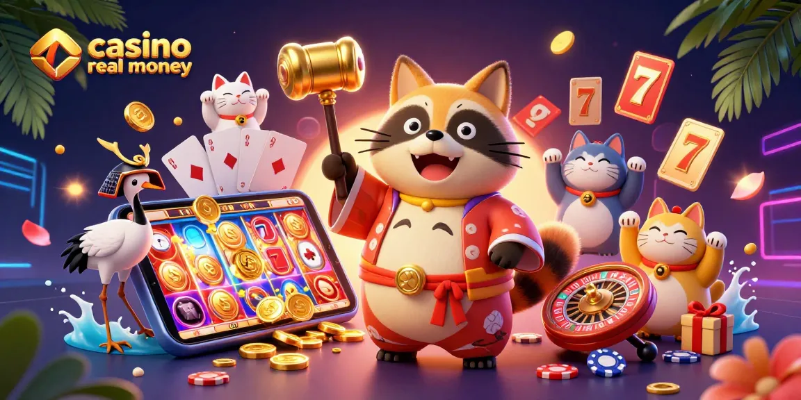 Celebrate winning at casino real money games with a cheerful tanuki and festive symbols.